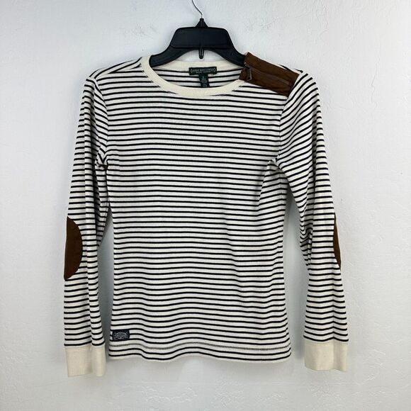 Ralph Lauren Tops - Vintage Lauren Jeans Co Top S Cream Blue Striped Elbow Patch 90s Ralph Lauren
